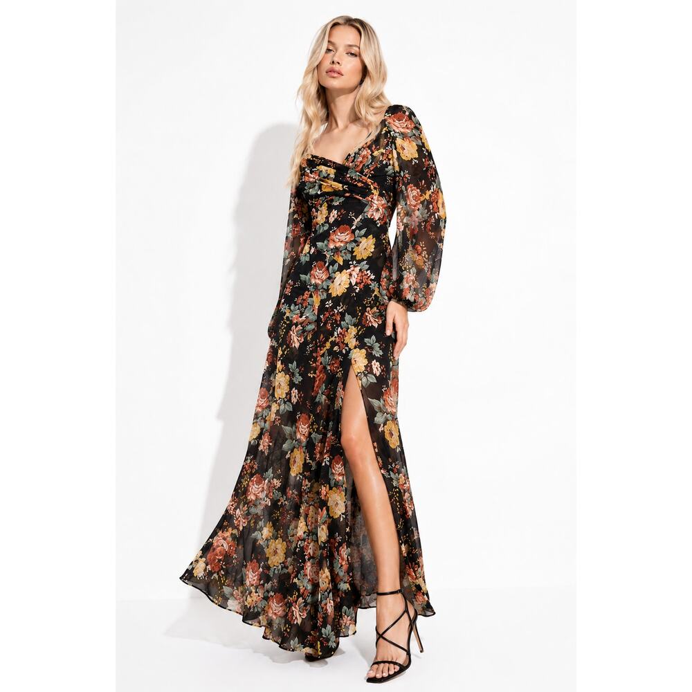 Dark Floral Silk Romantic Boho Cottagecore Prairie Lightweight Maxi Dress 4